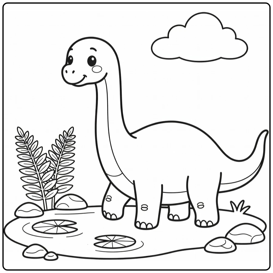 Cute brontosaurus coloring page of dinosaur by pond