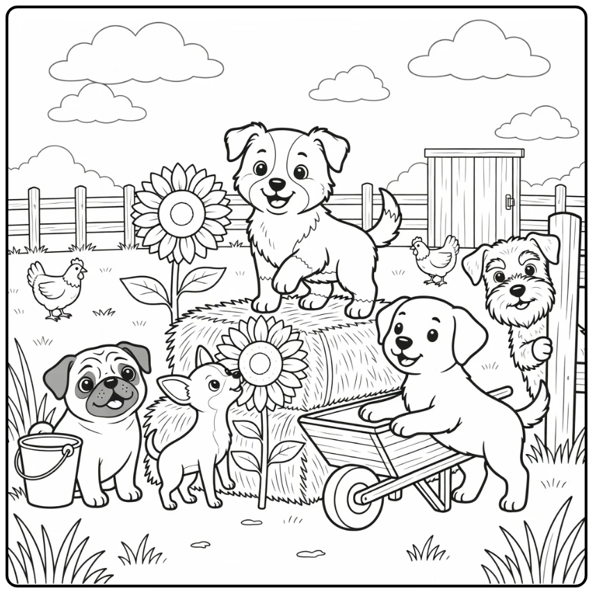 Puppy coloring page with five cute farm puppies exploring