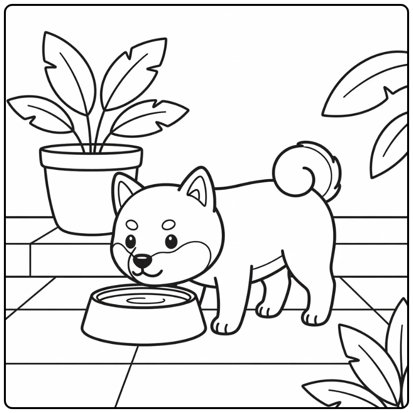cute shiba inu coloring page dog drinking on patio
