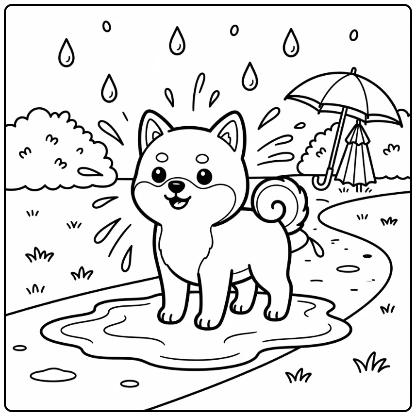 Cute shiba inu coloring page of dog shaking rain by puddle