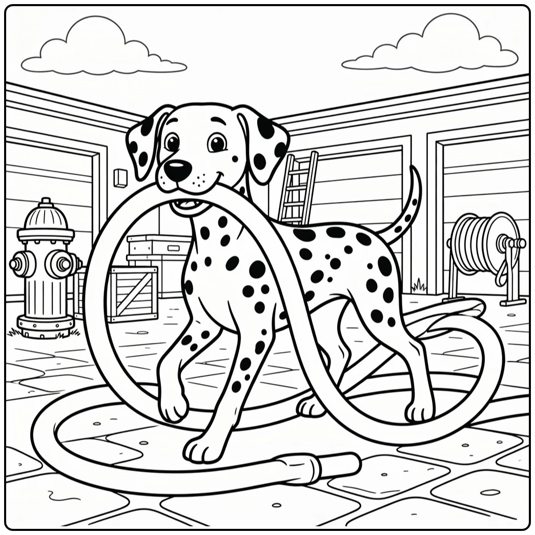 dalmatian coloring page playful dog with fire hose