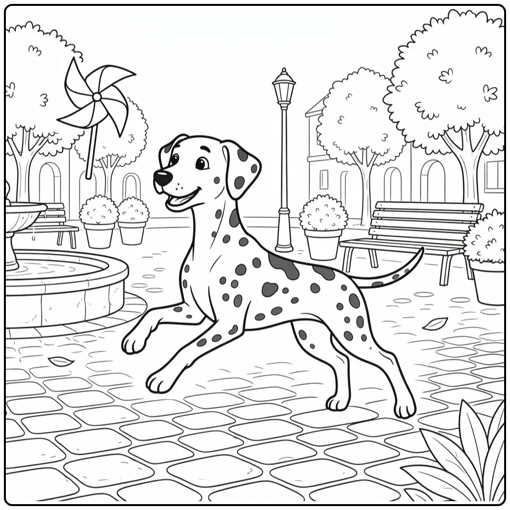dalmatian coloring page with dog catching pinwheel toy