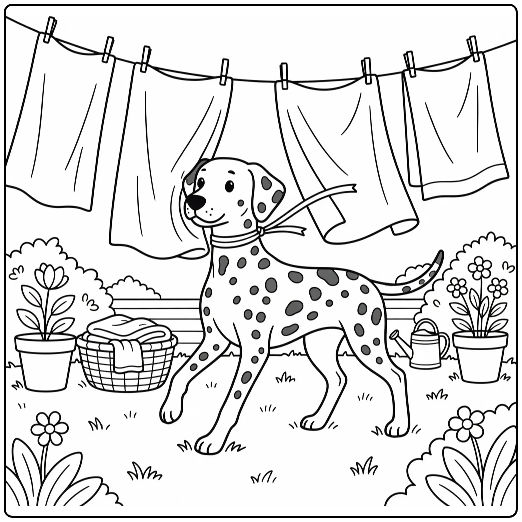 dalmatian coloring page dog chasing ribbon in laundry backyard