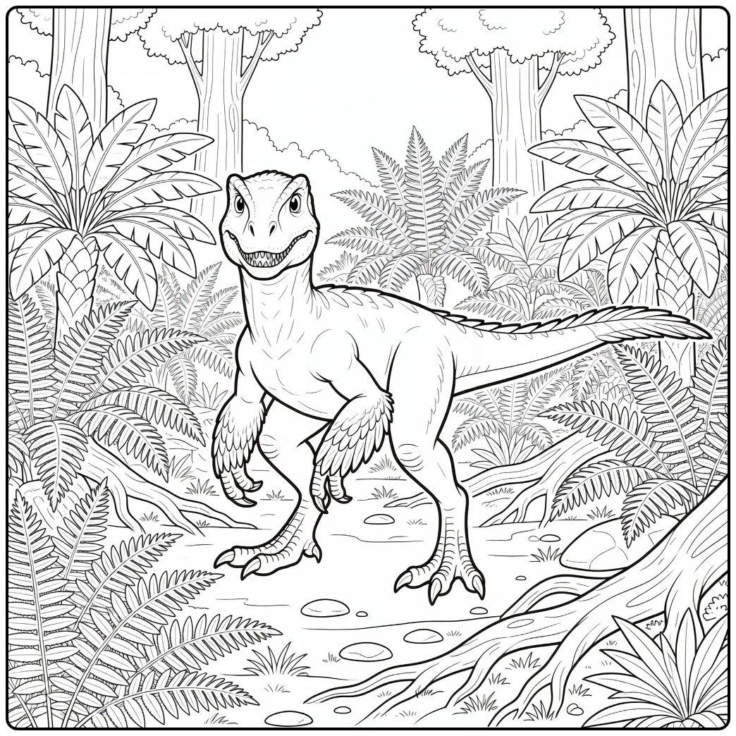 deinonychus coloring page feathered raptor in fern forest