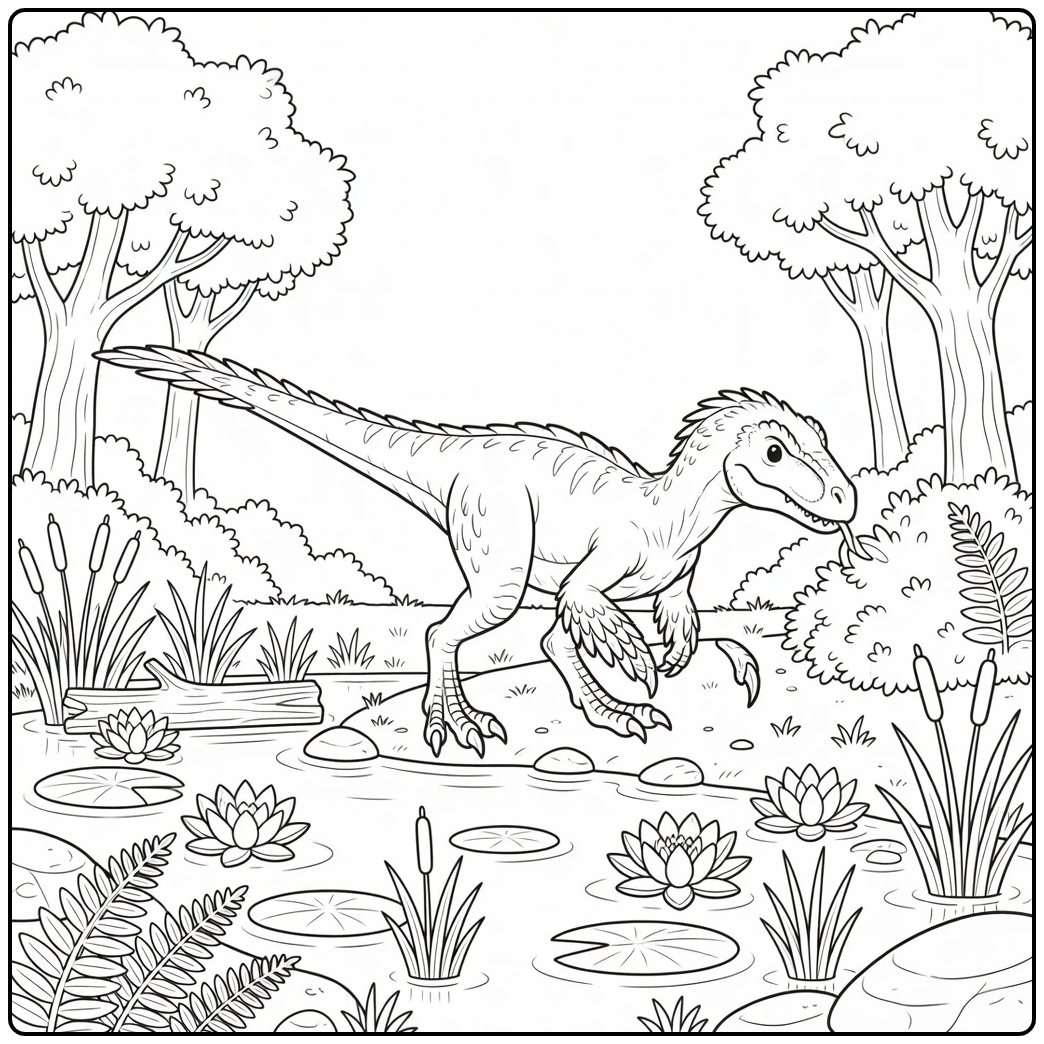 deinonychus coloring page alert dinosaur at pond