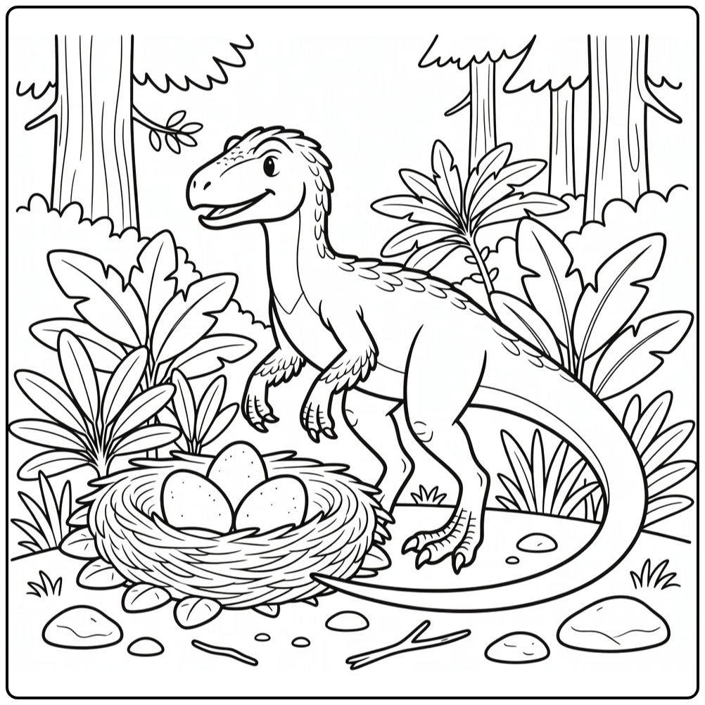 Deinonychus coloring page with dinosaur guarding nest eggs