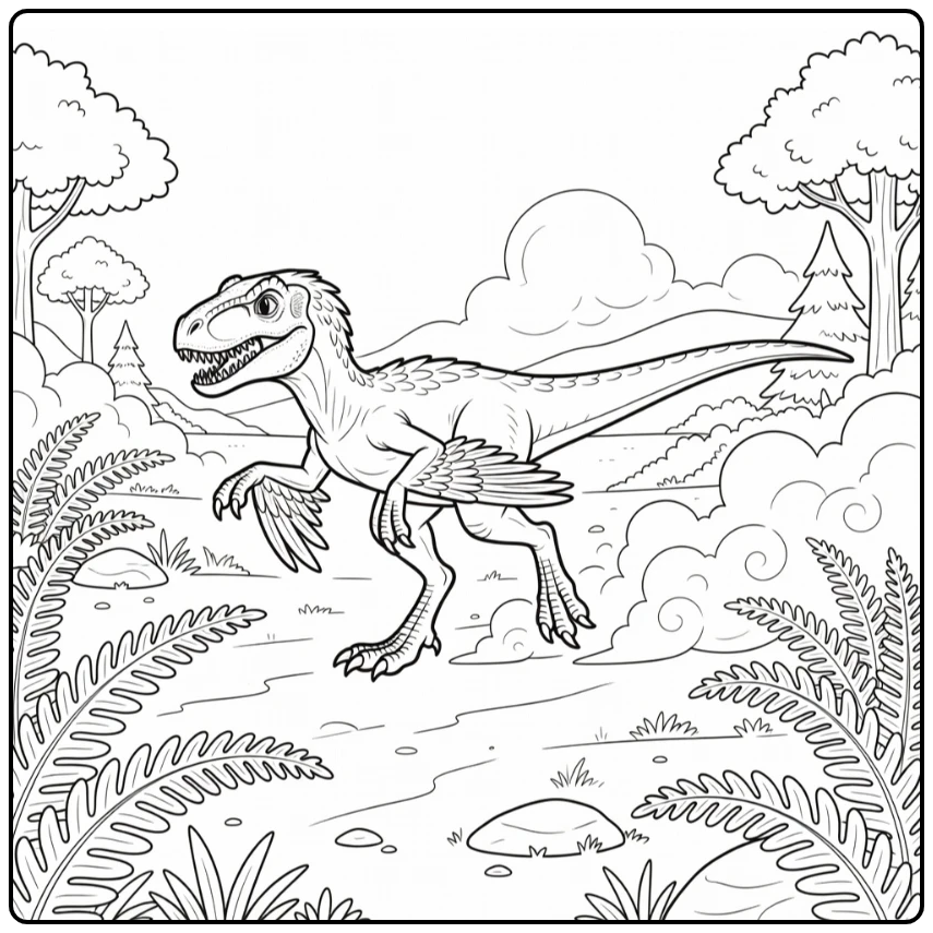 Deinonychus coloring page with fast chase across floodplain