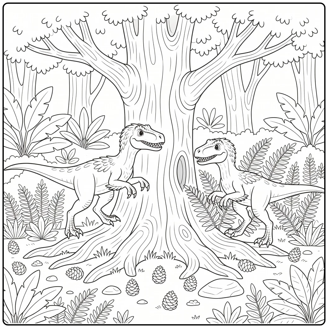 Deinonychus coloring page with two dinosaurs around ancient tree