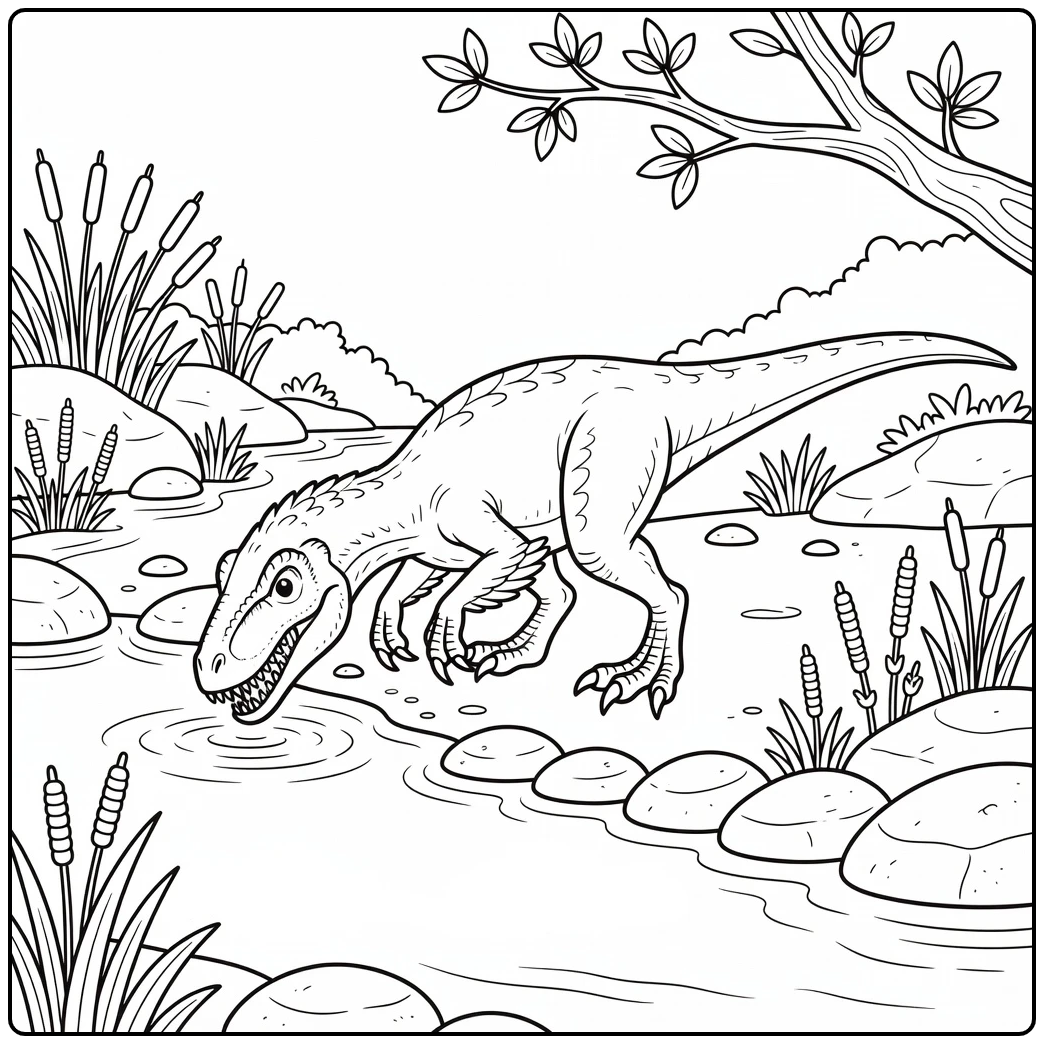 deinonychus coloring page dinosaur drinking from stream