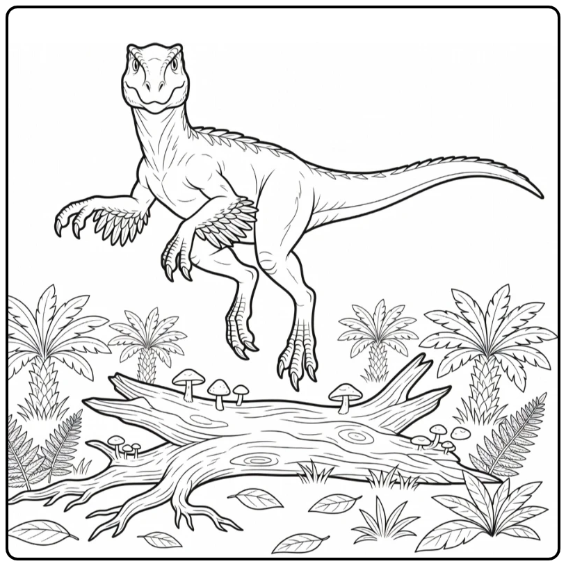 deinonychus coloring page with dinosaur leaping over log