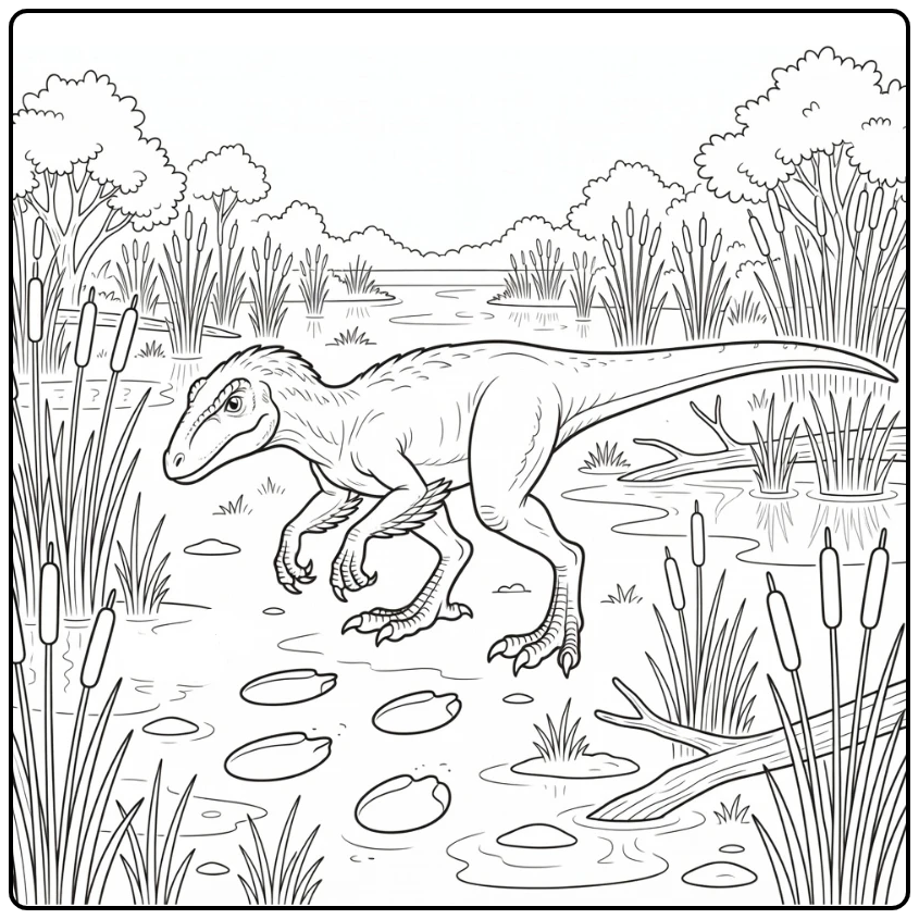deinonychus coloring page dinosaur hunting in marsh