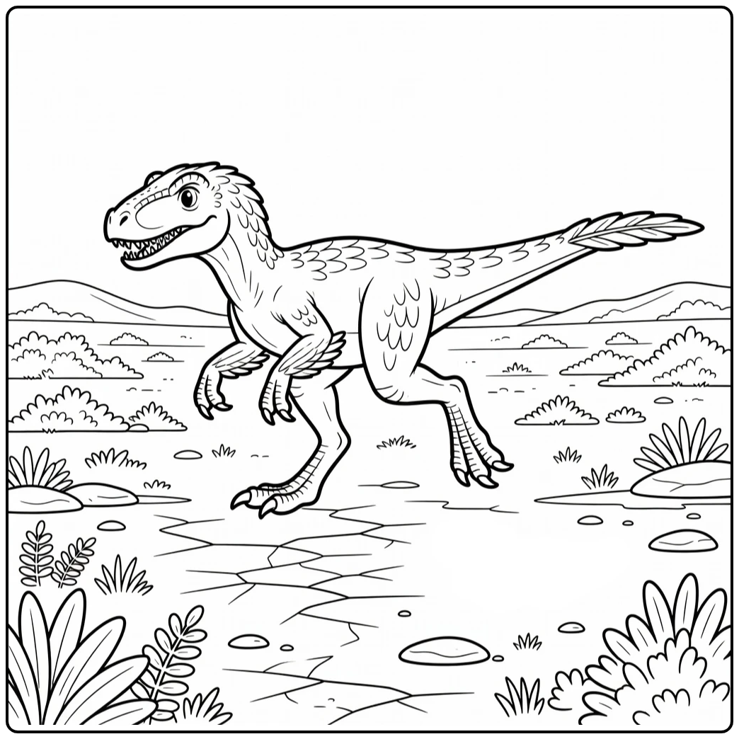 deinonychus coloring page with feathered dinosaur chase