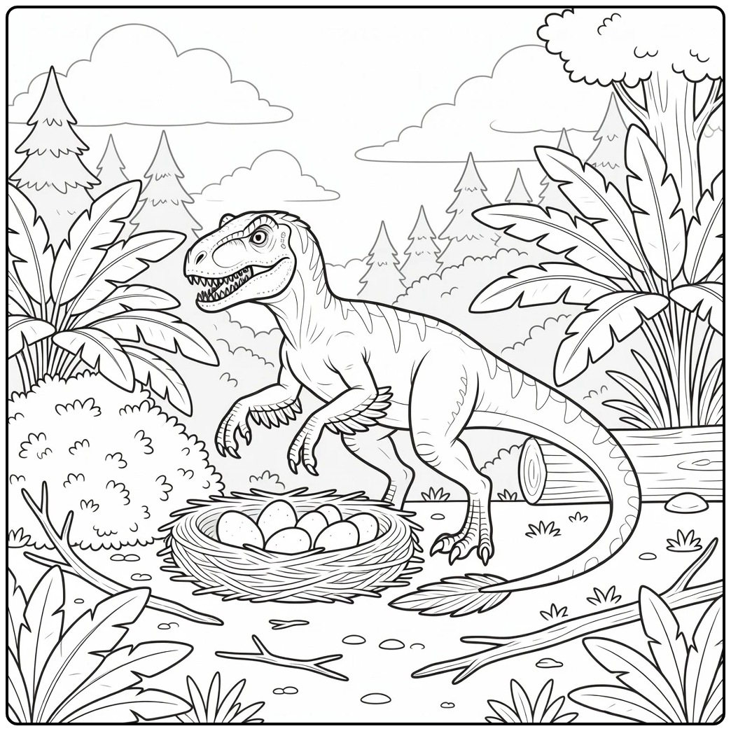 Deinonychus coloring page dinosaur guarding nest eggs