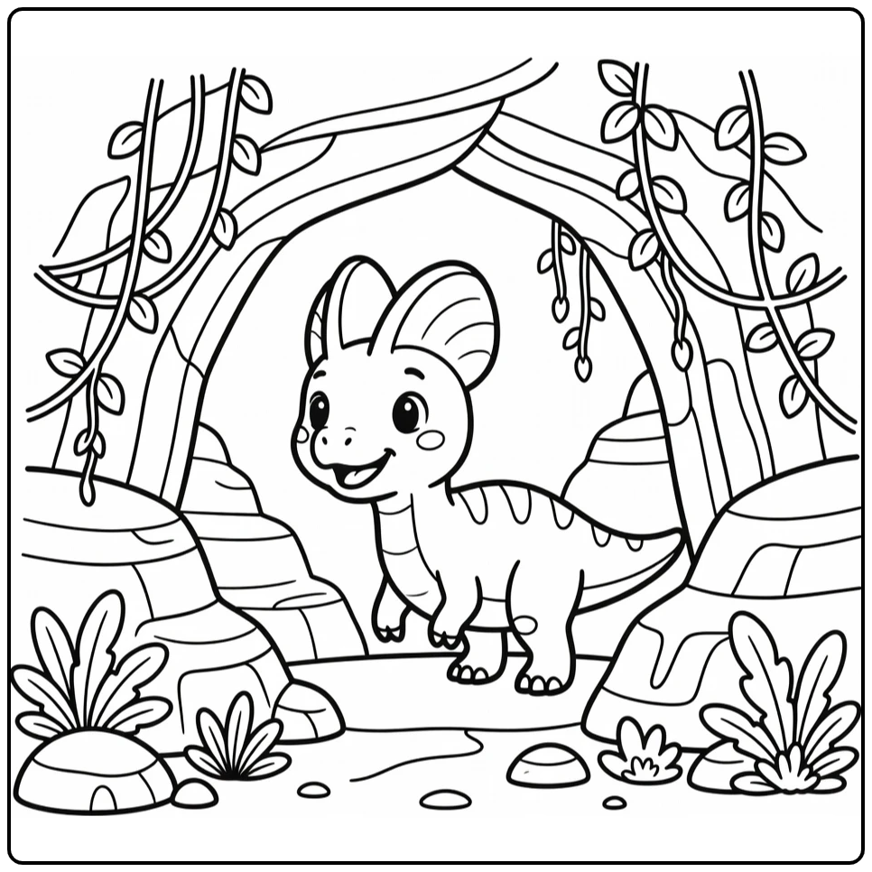 Dilophosaurus coloring page at cave entrance with vines
