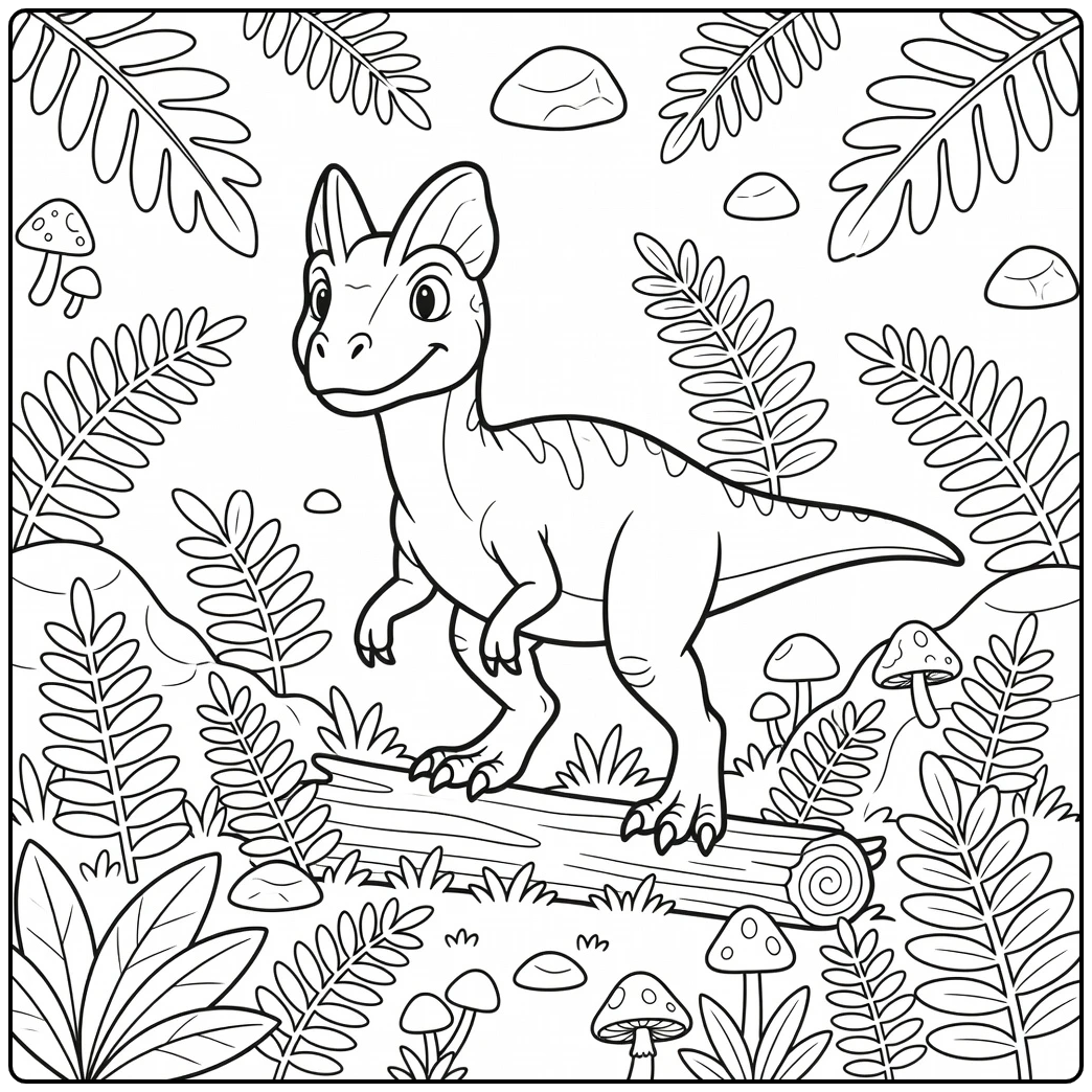 dilophosaurus coloring page dinosaur over log in ferns