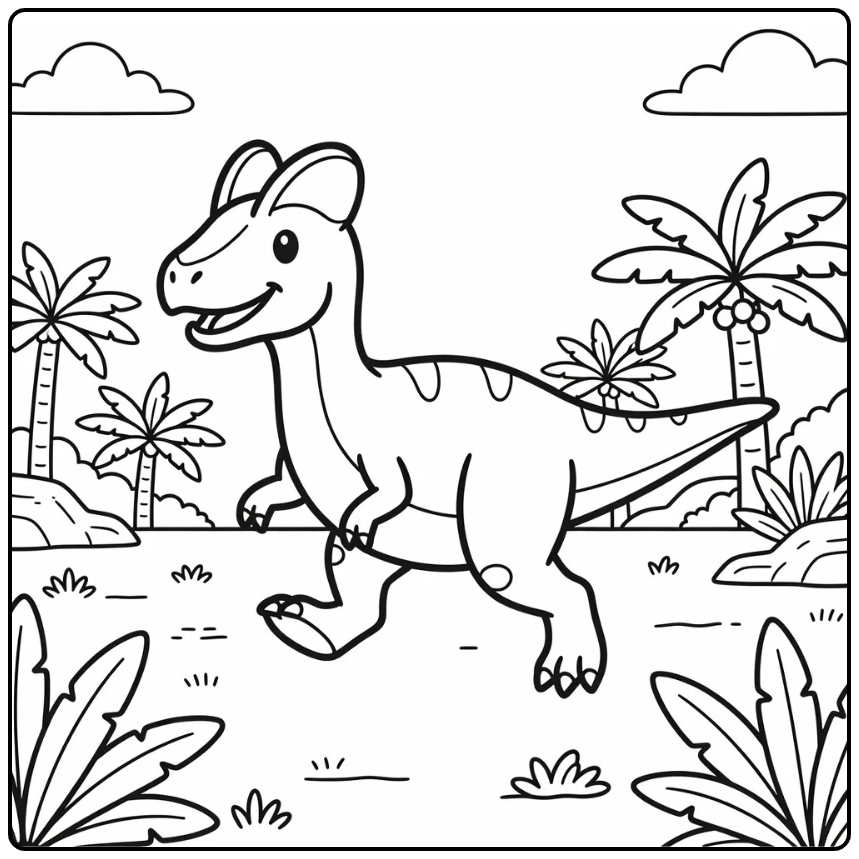 dilophosaurus coloring page running on prehistoric plain