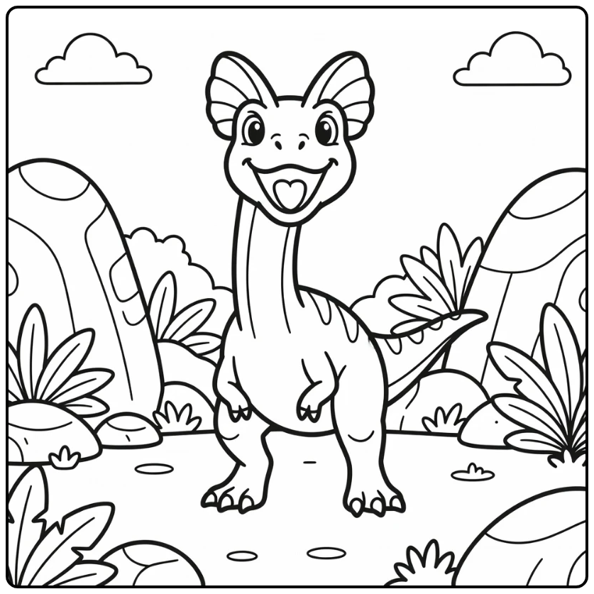 dilophosaurus coloring page with dinosaur in bold frontal pose