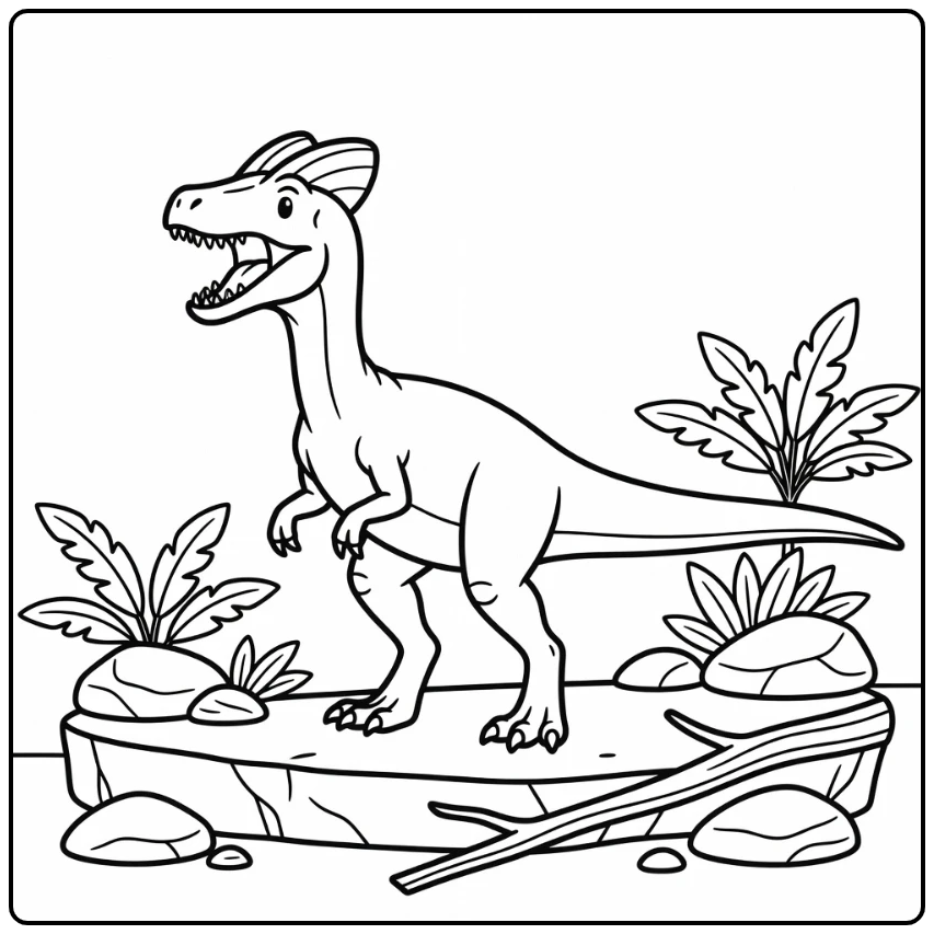 dilophosaurus coloring page of roaring dinosaur on rocky ledge