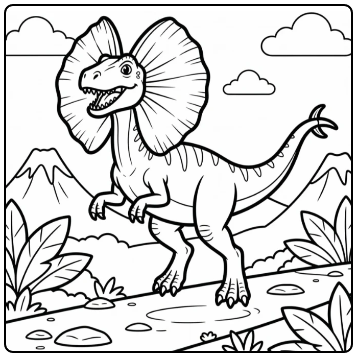 dilophosaurus coloring page of playful jump with open frill