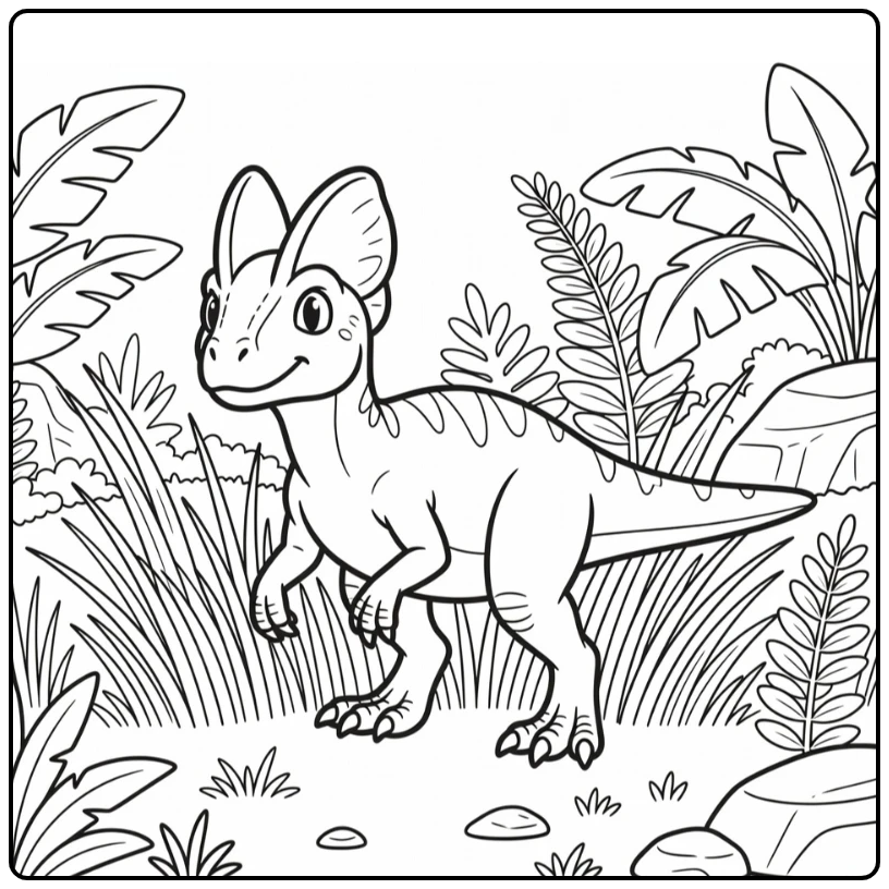 dilophosaurus coloring page of stealthy dinosaur stalking grass