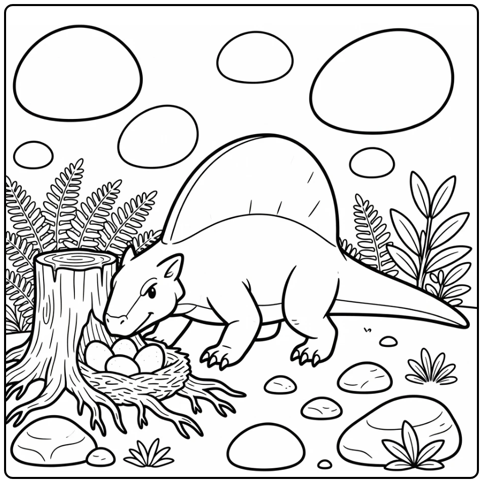 dimetrodon coloring page dinosaur sniffing eggs by stump