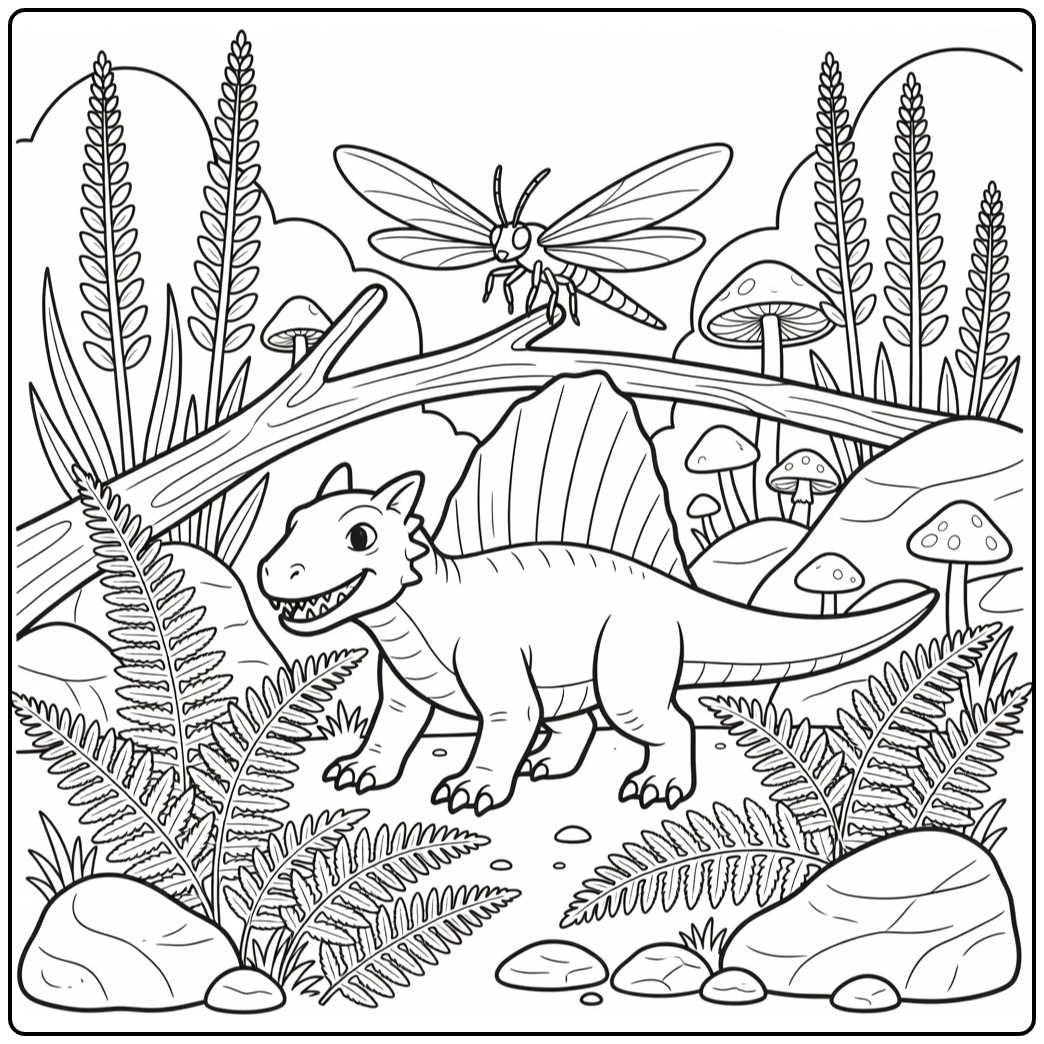 dimetrodon coloring page with dinosaur in fern patch watching insect