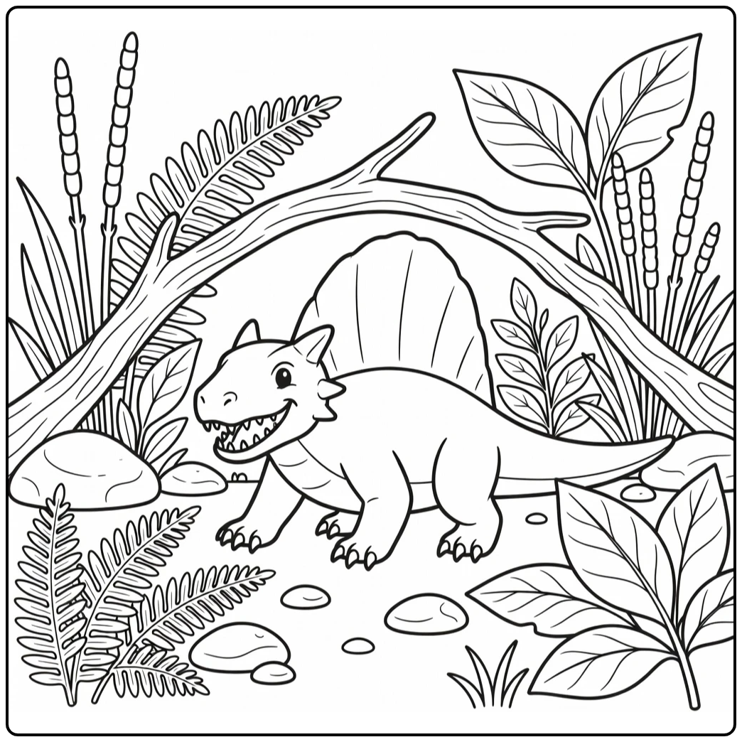 dimetrodon coloring page with dinosaur under fallen branch