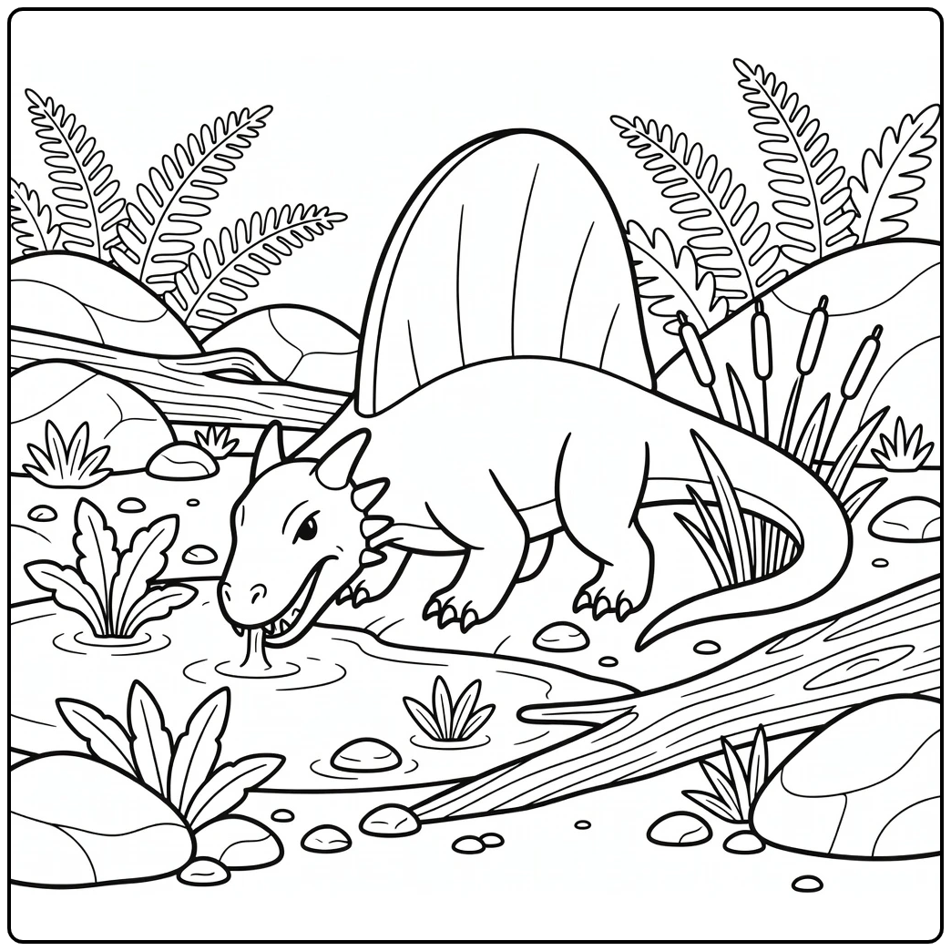 dimetrodon coloring page with dinosaur drinking at pond