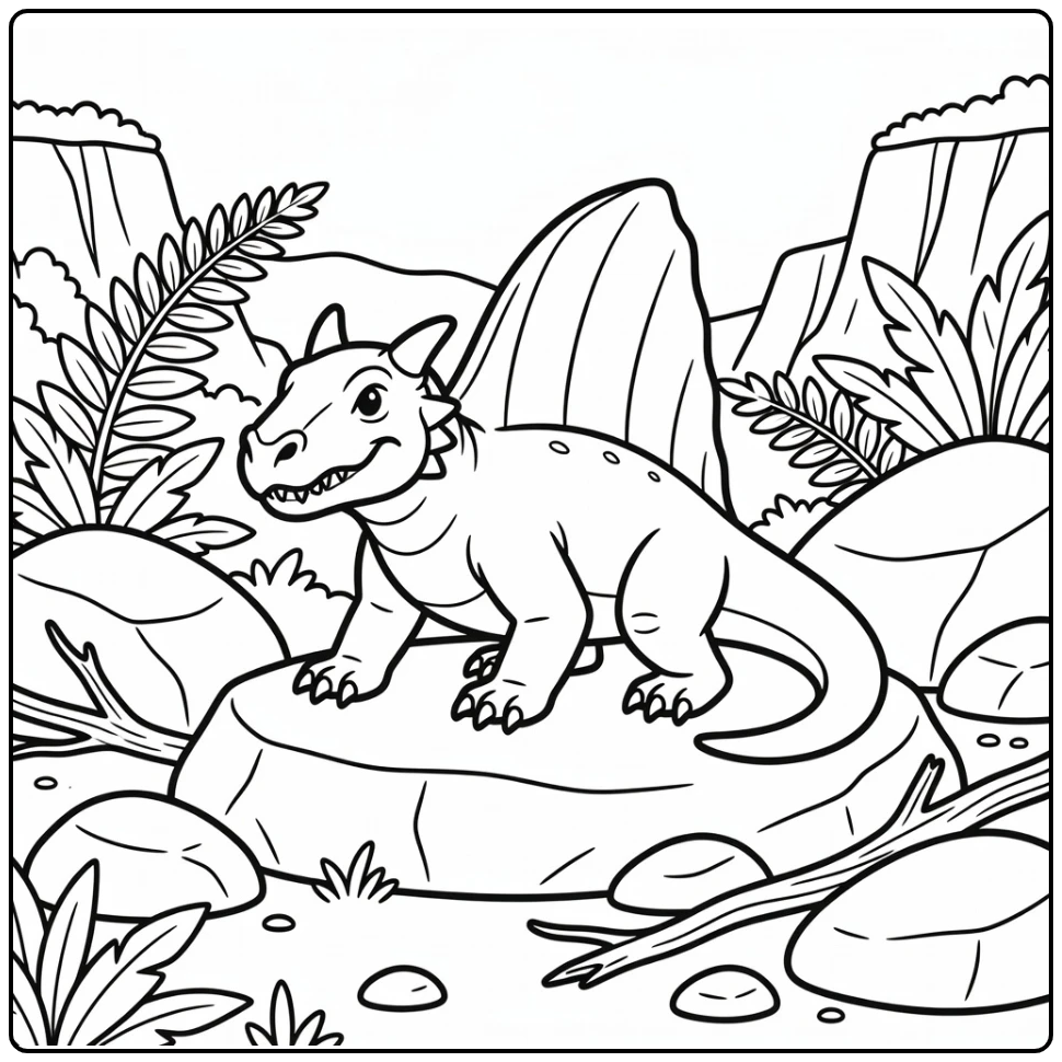 dimetrodon coloring page with dinosaur resting on rock