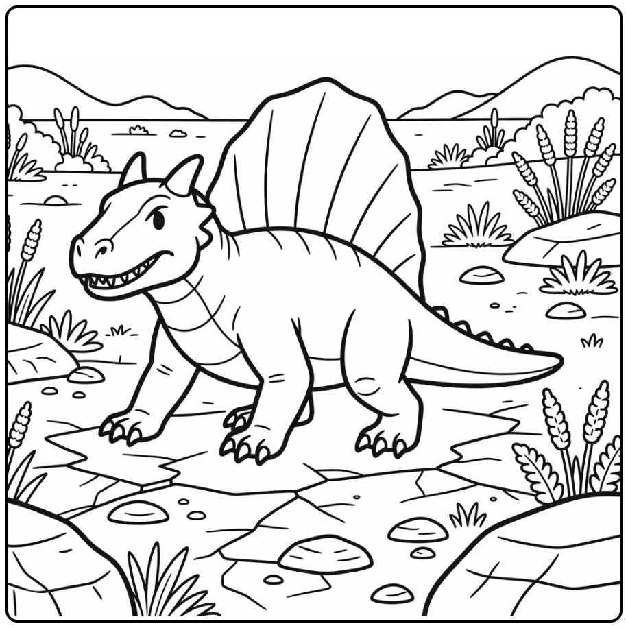 dimetrodon coloring page with dinosaur on dry plain