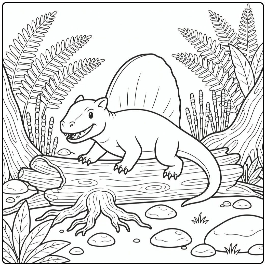 dimetrodon coloring page dinosaur on log with ferns