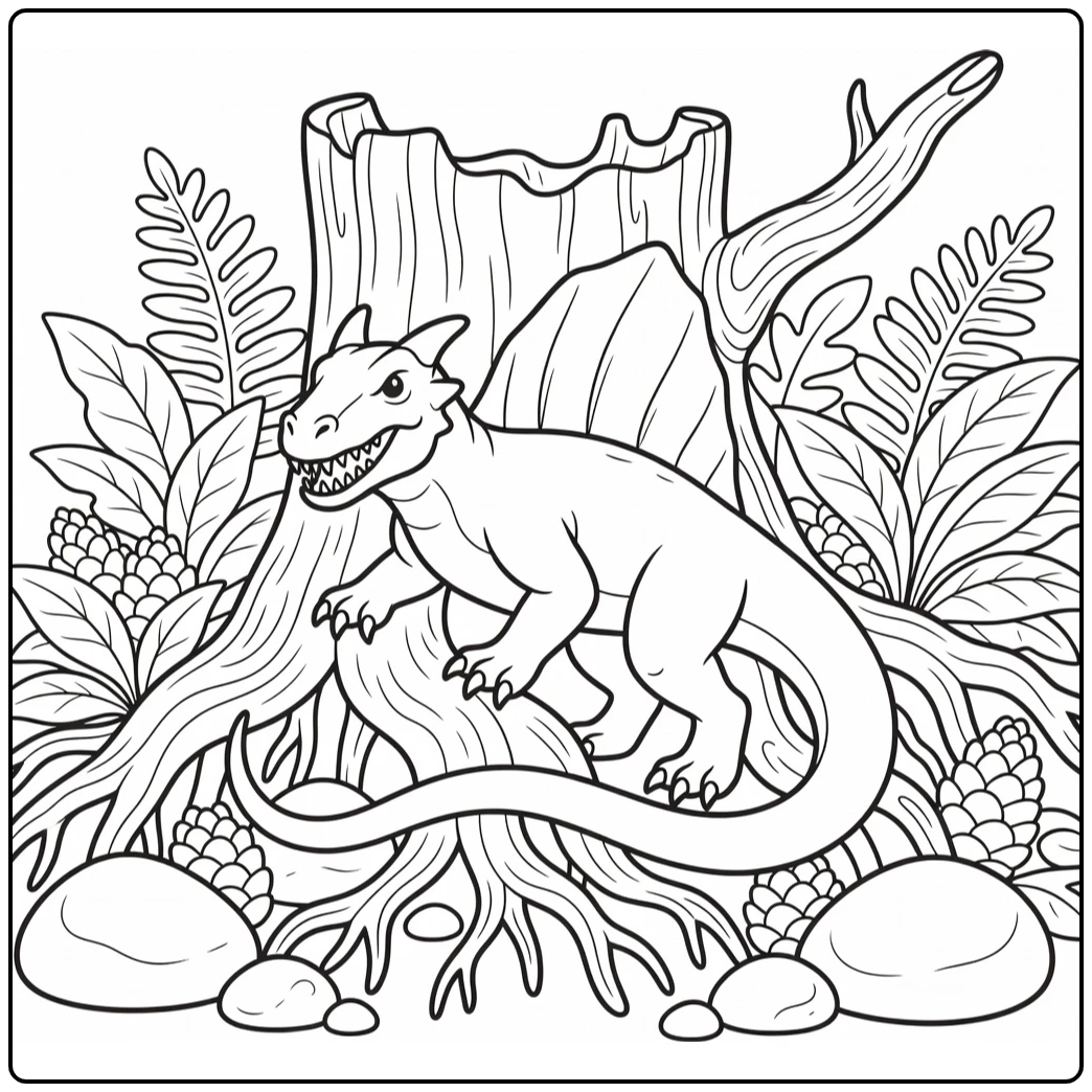 Dimetrodon coloring page dinosaur climbing forest roots