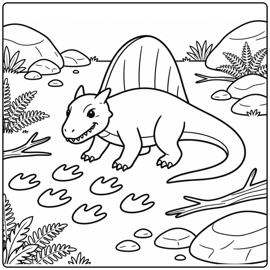dimetrodon coloring page with lifted foot and tracks