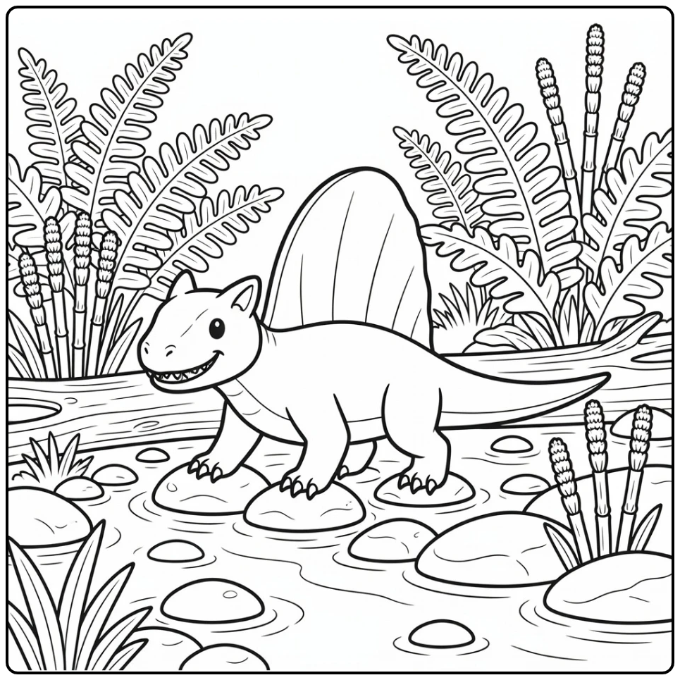 dimetrodon coloring page dinosaur crossing shallow stream