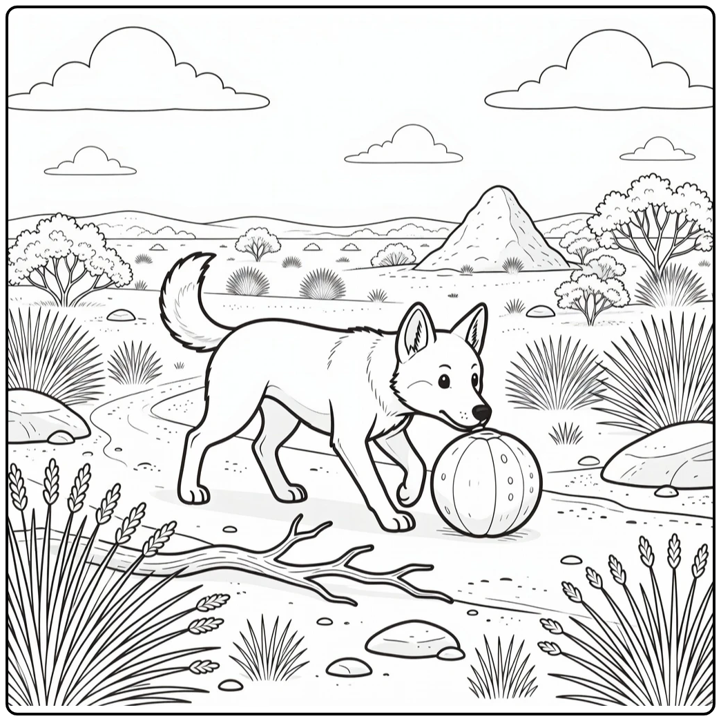 dingo coloring page of dingo nudging seed pod on outback path