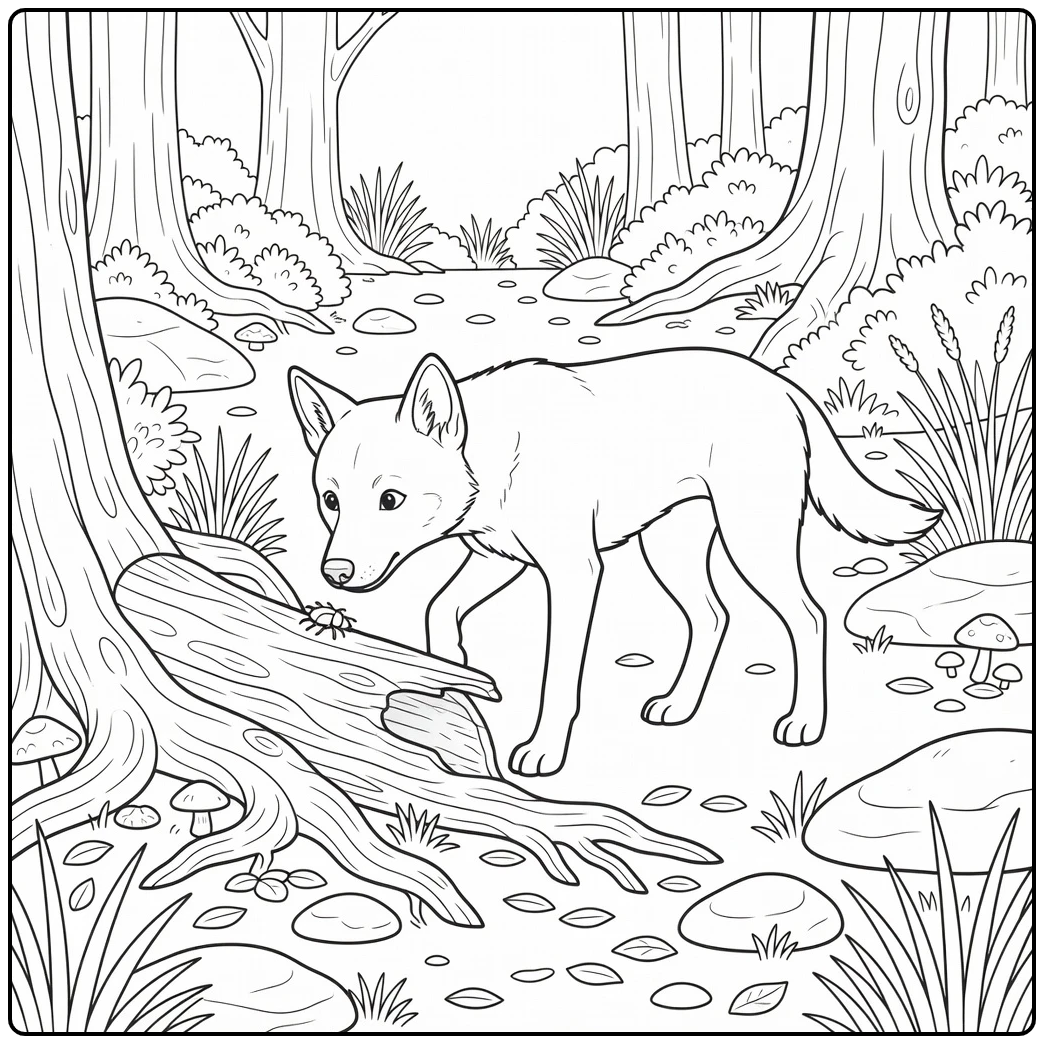 Curious dingo coloring page sniffing log after spotting beetle