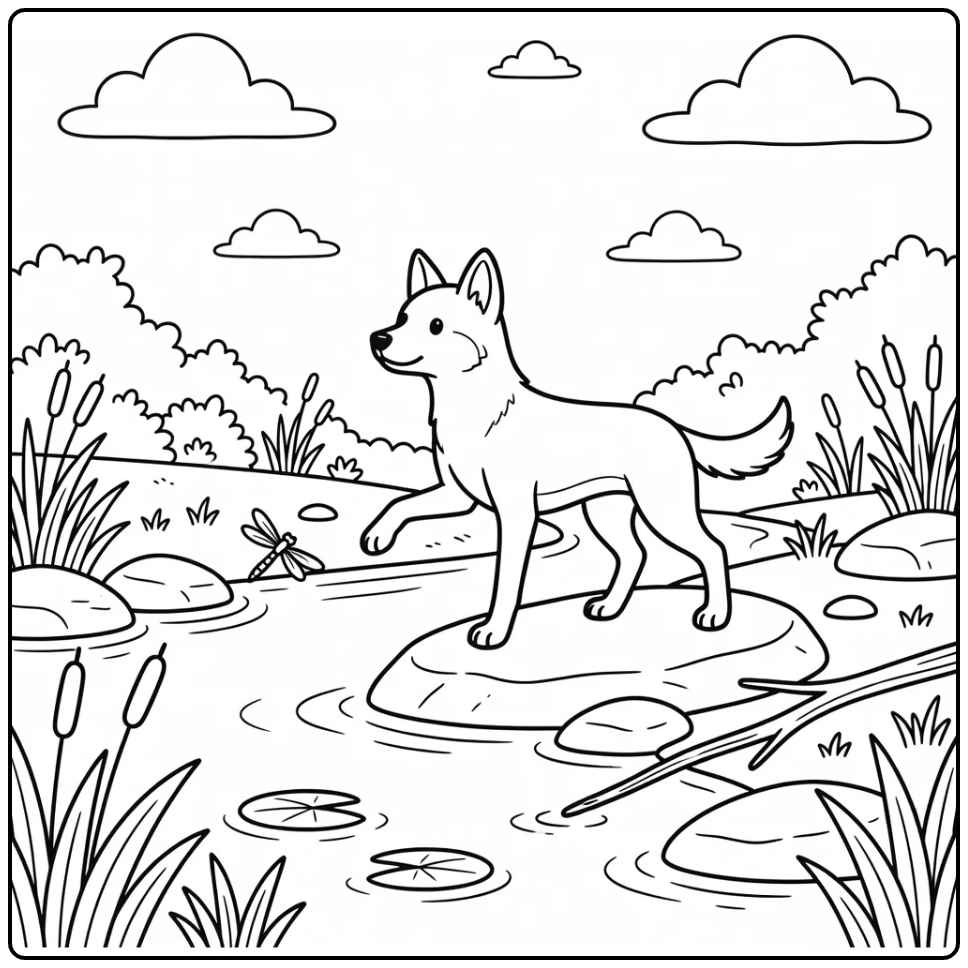 Dingo coloring page of dingo reaching for dragonfly by creek