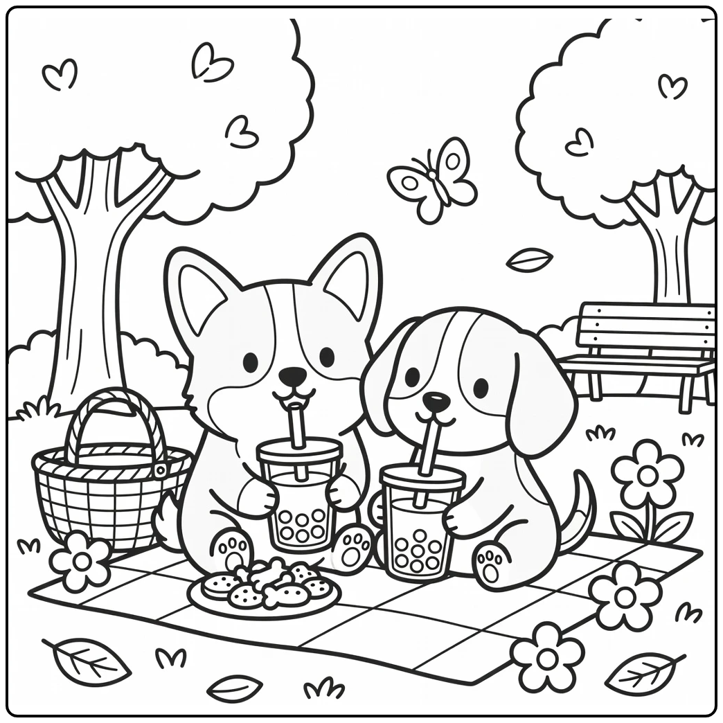 dog drinking boba coloring page with two puppies at picnic