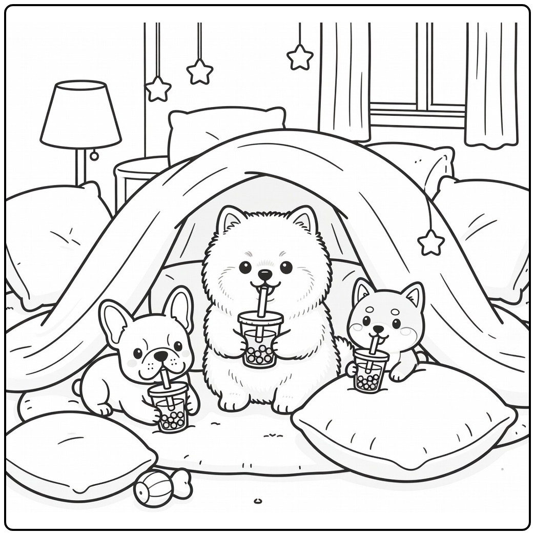 dog drinking boba coloring page three dogs in blanket fort