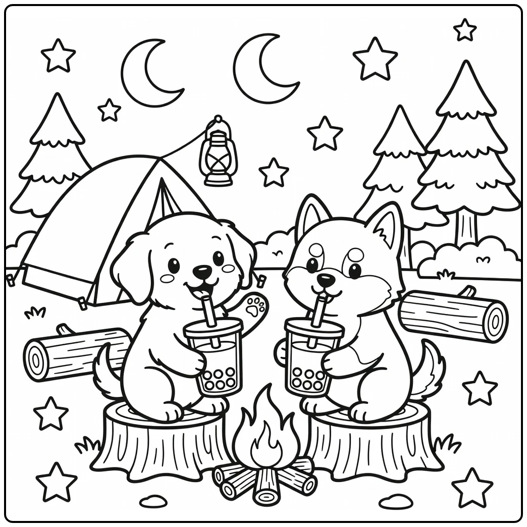 dog drinking boba coloring page adorable puppies at camp