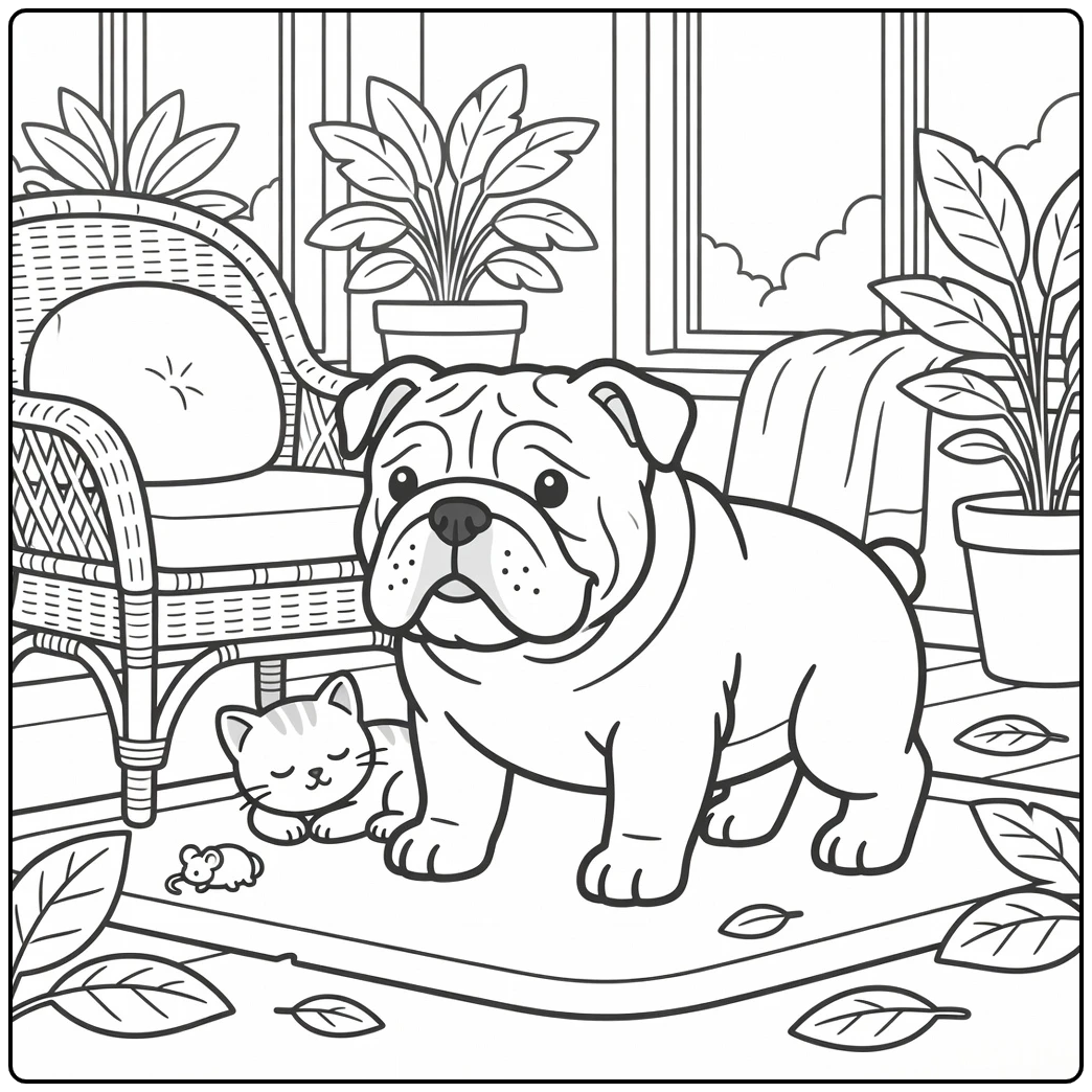 english bulldog coloring page with dog nudging kitten