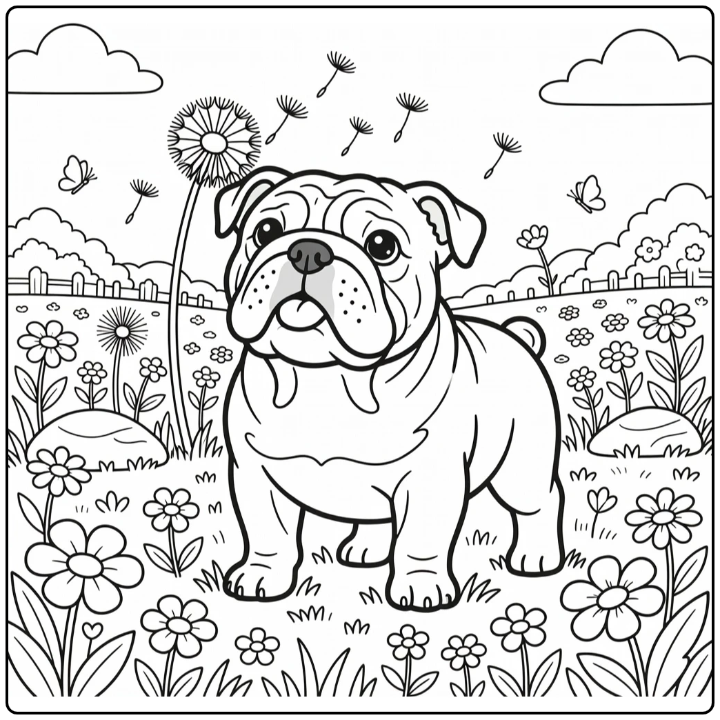 english bulldog coloring page sniffing dandelion seeds