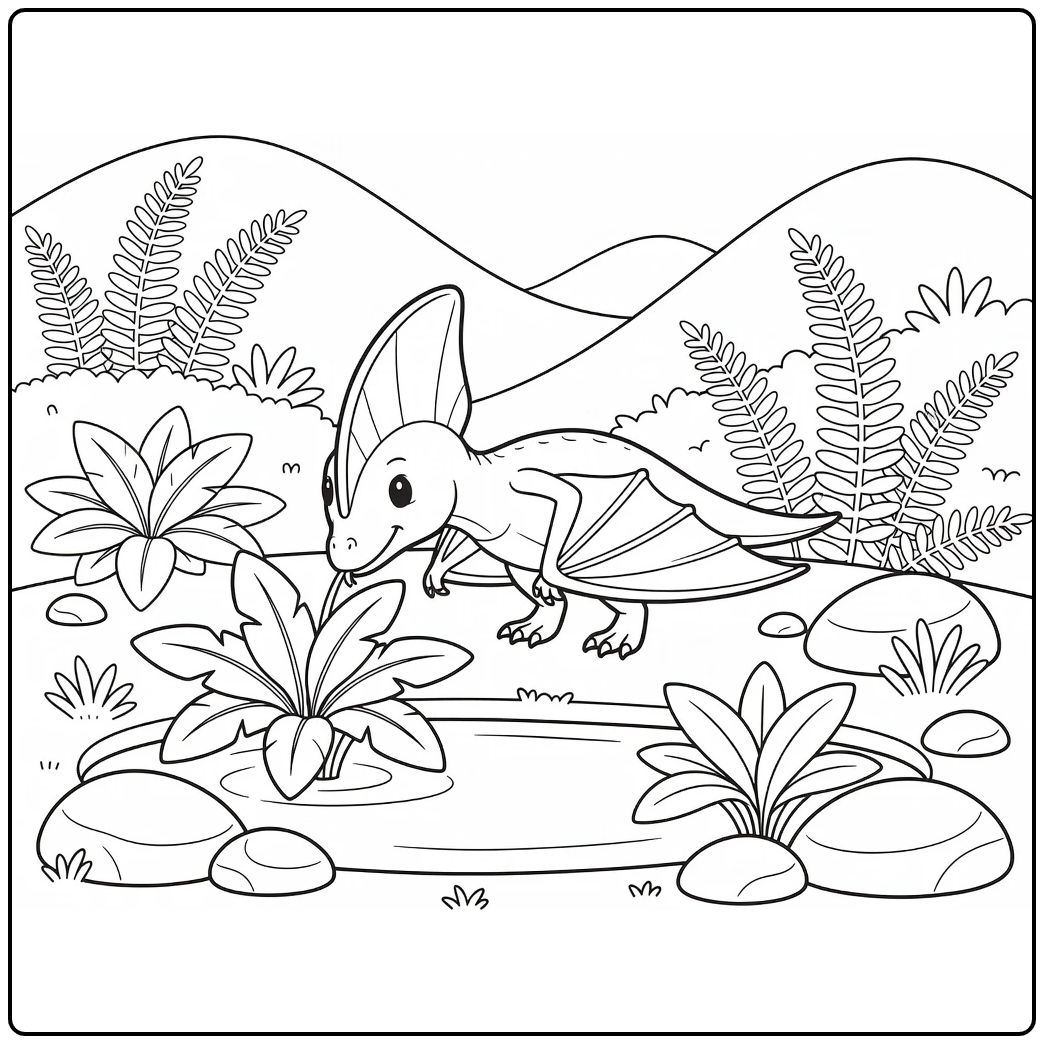 Flying dinosaur coloring page of Tupandactylus at watering hole