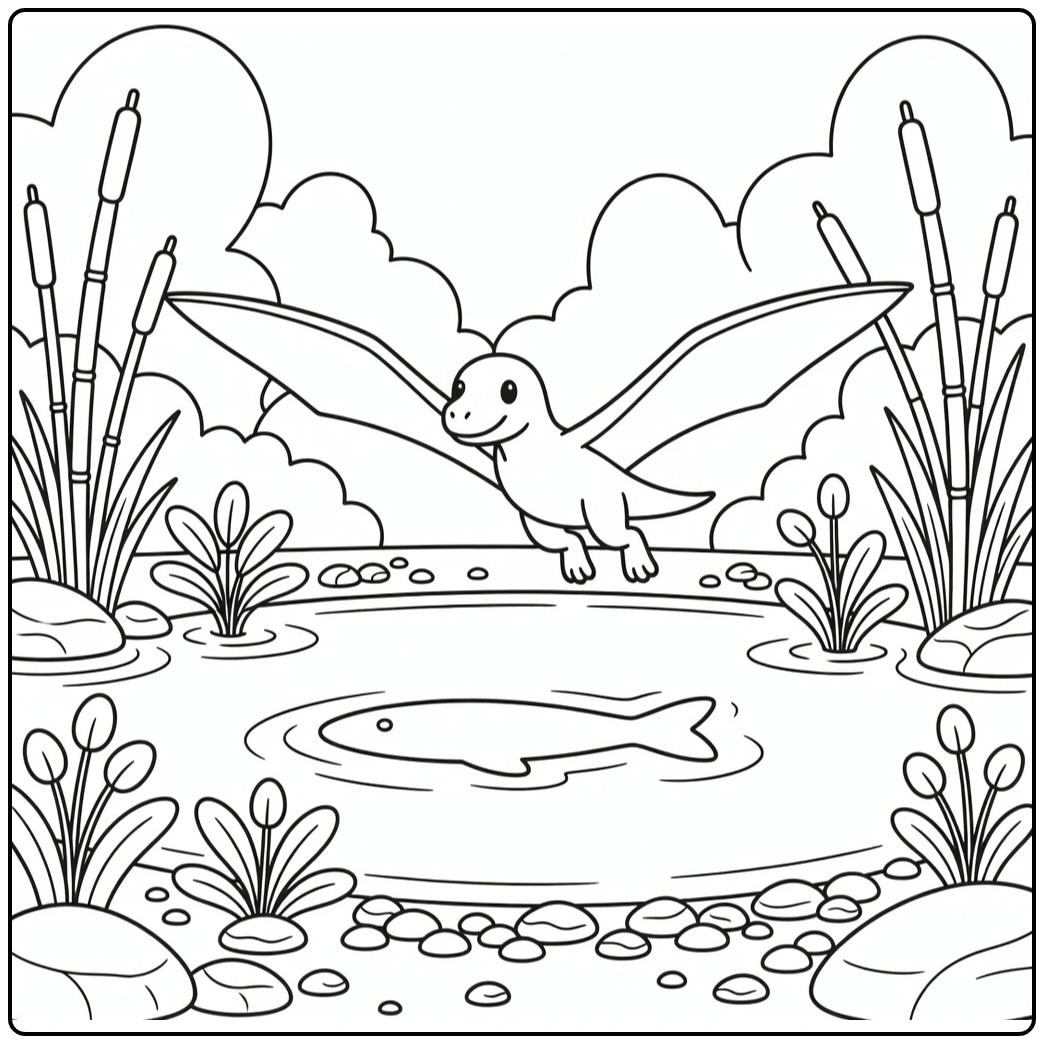 flying dinosaur coloring page Anhanguera diving over lake