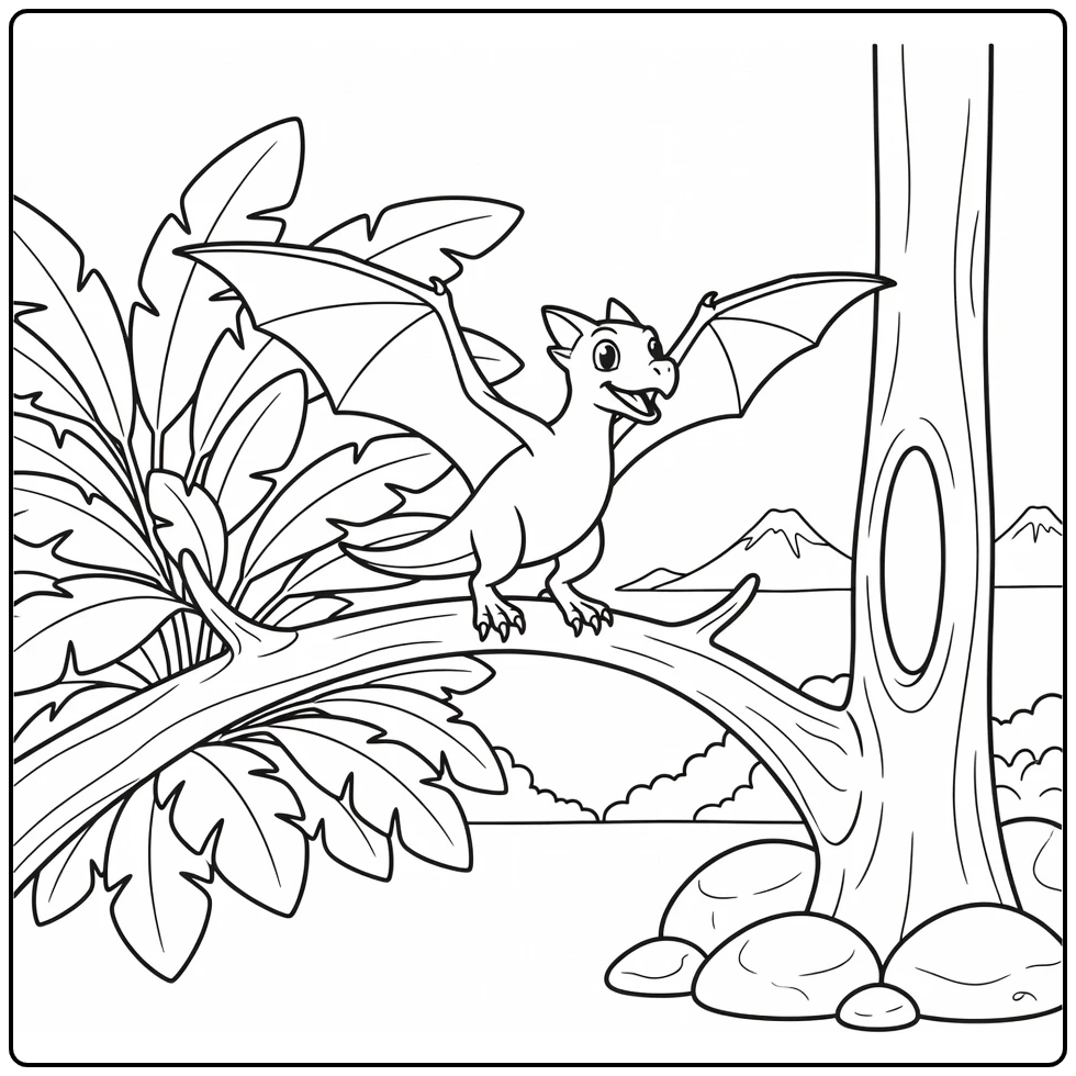 Flying dinosaur coloring page with Dimorphodon on branch