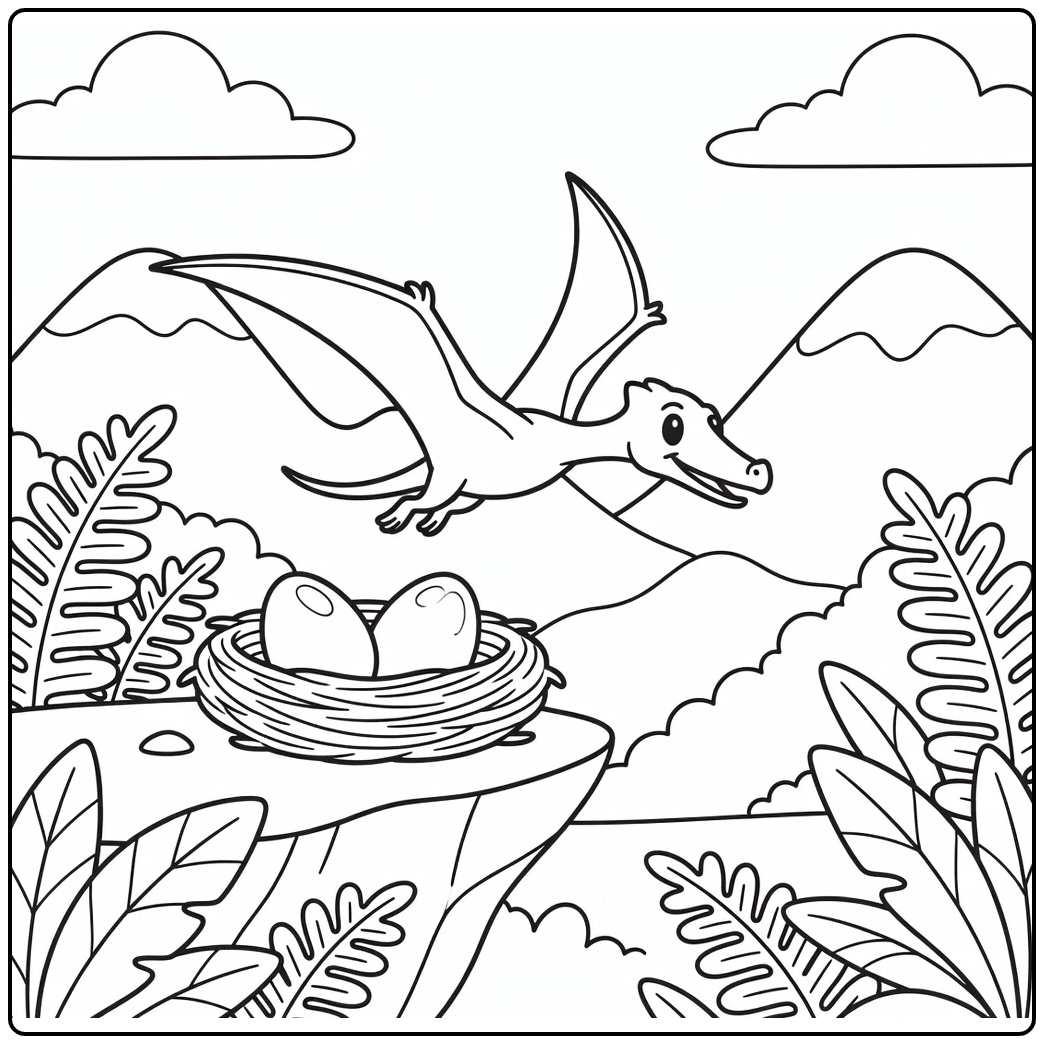 Flying dinosaur coloring page with Rhamphorhynchus over nest