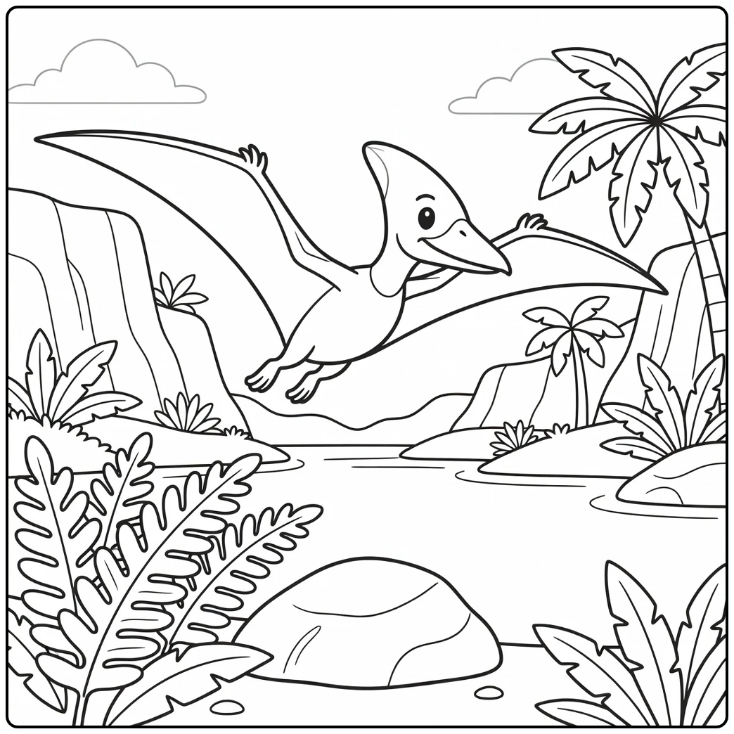 Flying dinosaur coloring page Pteranodon over lagoon