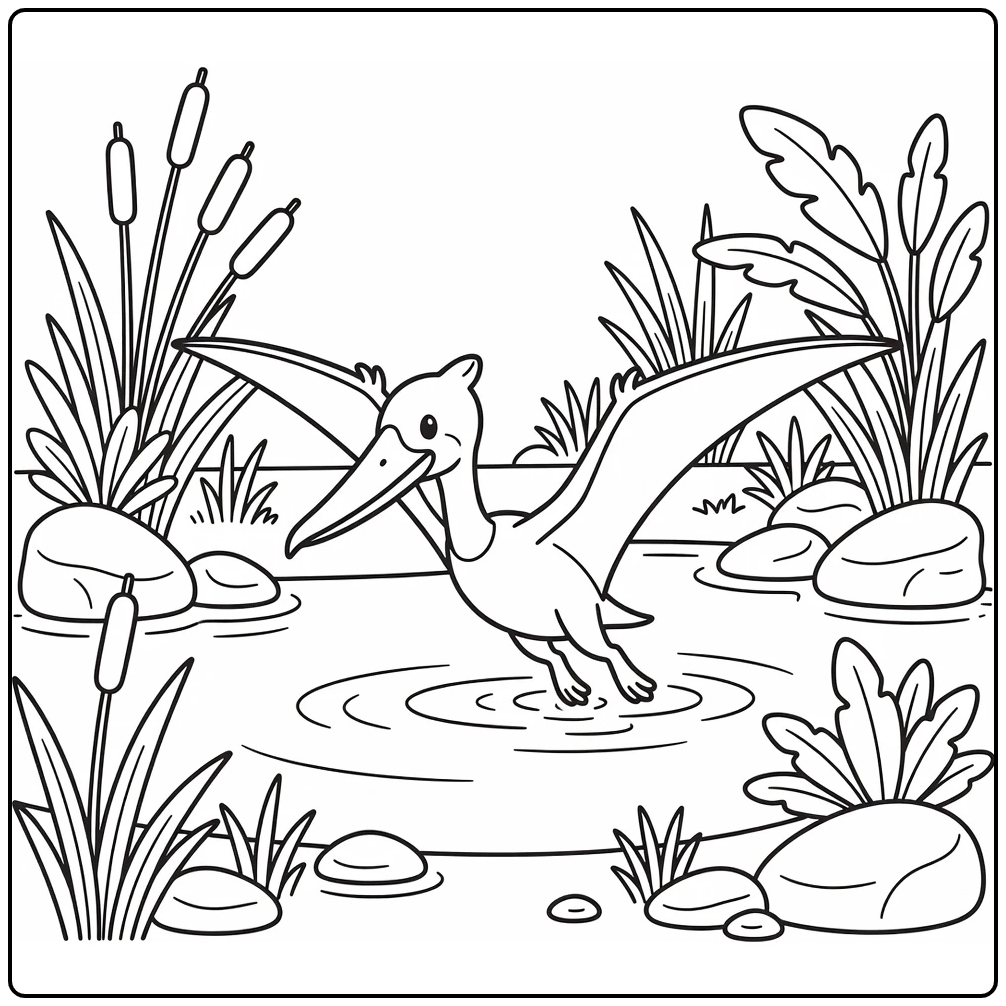 Flying dinosaur coloring page with Pterodaustro wading