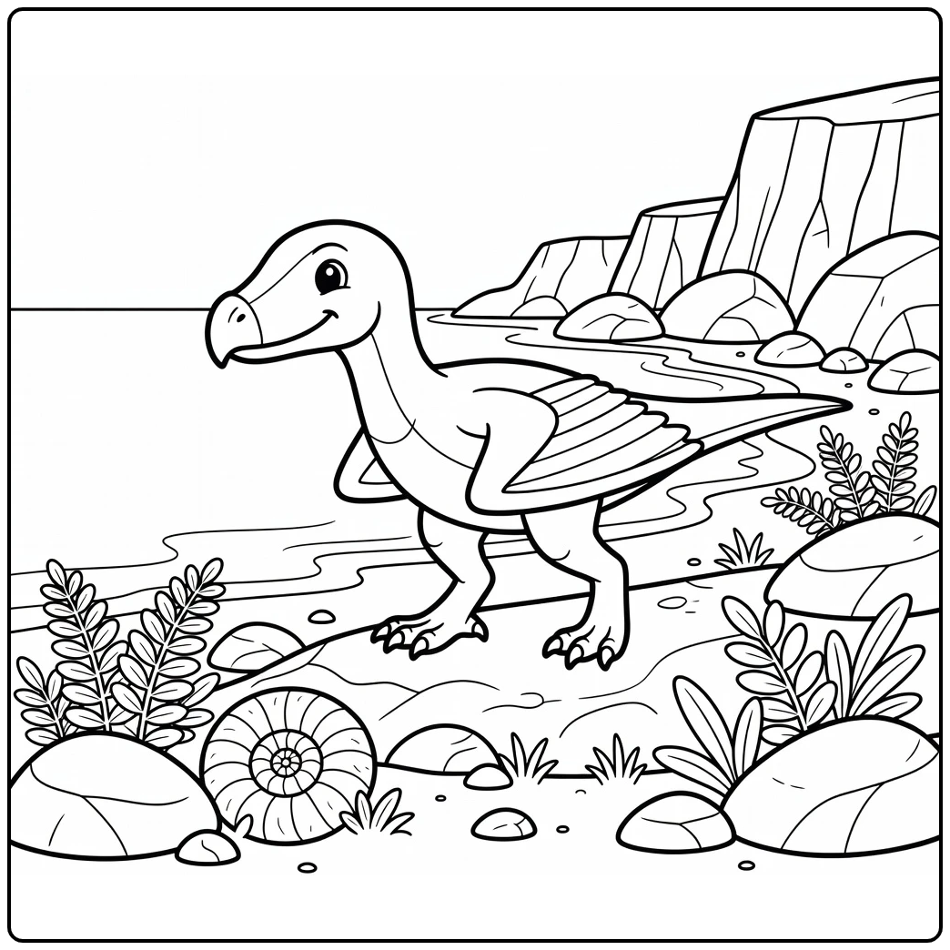 Flying dinosaur coloring page with Dsungaripterus on rocky shore