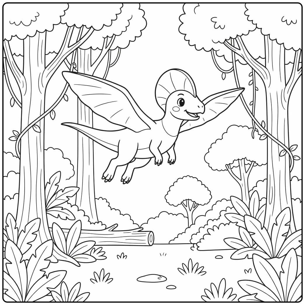 flying dinosaur coloring page Tapejara between tall trees